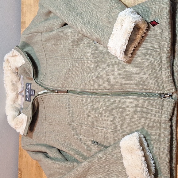 Woolrich Wool Blend Sherpa Lined Fitted Tweed Jacket‎ Womens Medium Cuff Green - Picture 1 of 9
